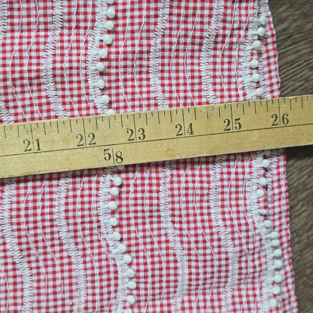 LAYERZ Red and White Gingham V Neck Checkered Top Sz S Pom Pom Detail - Picture 3 of 5